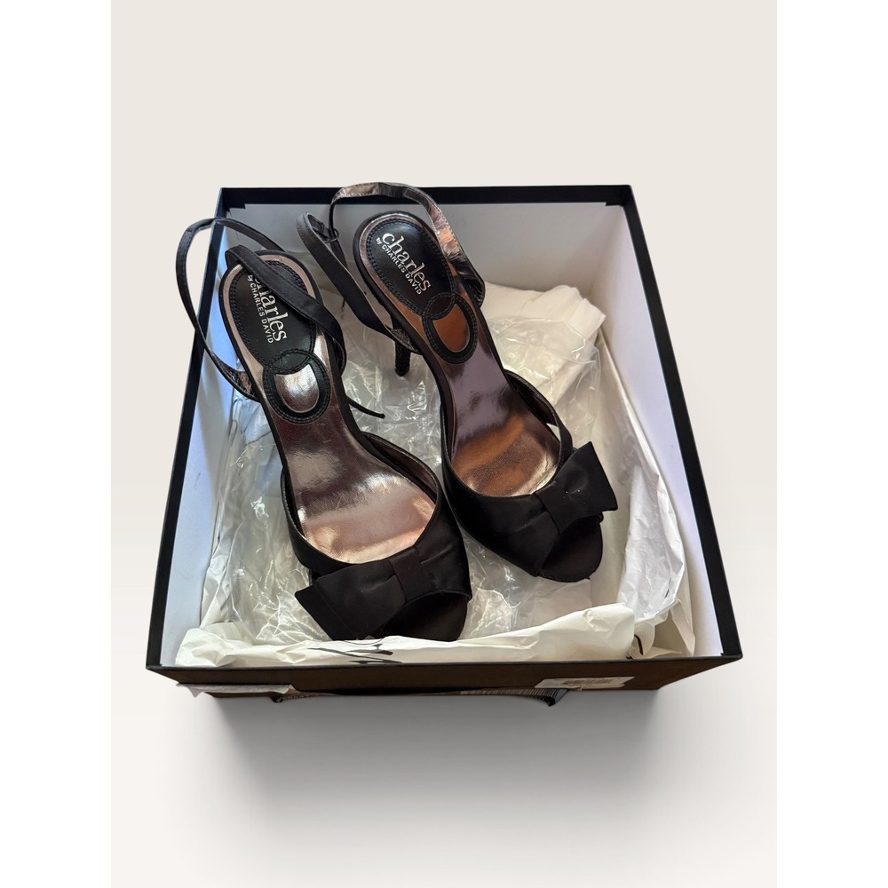 Charles by Charles David Black Satin Bow Peep Toe Slingback Heels Size 8